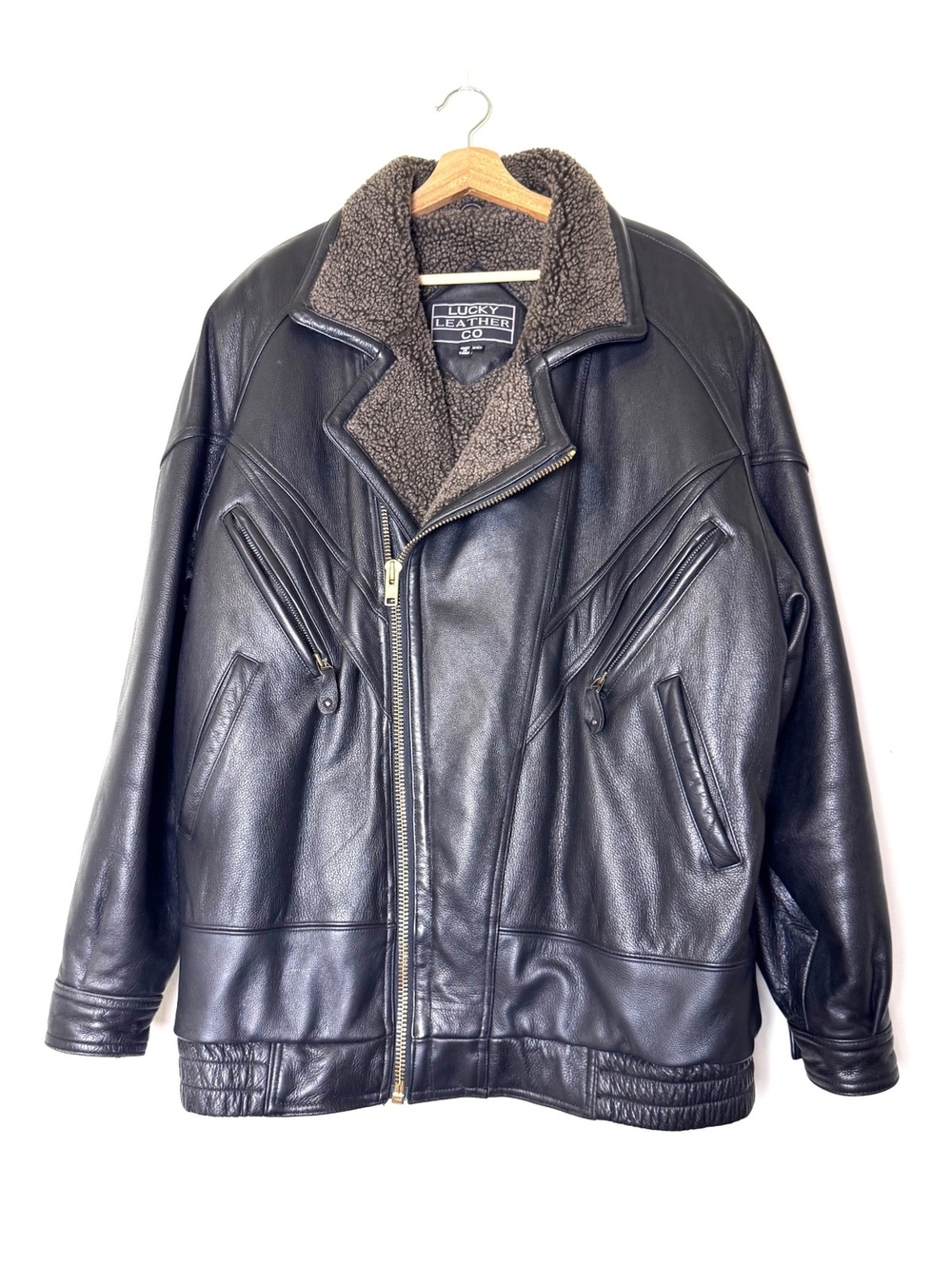 Mens Black leather bomber jacket shearling lining Lucky Leather Company Size XXL